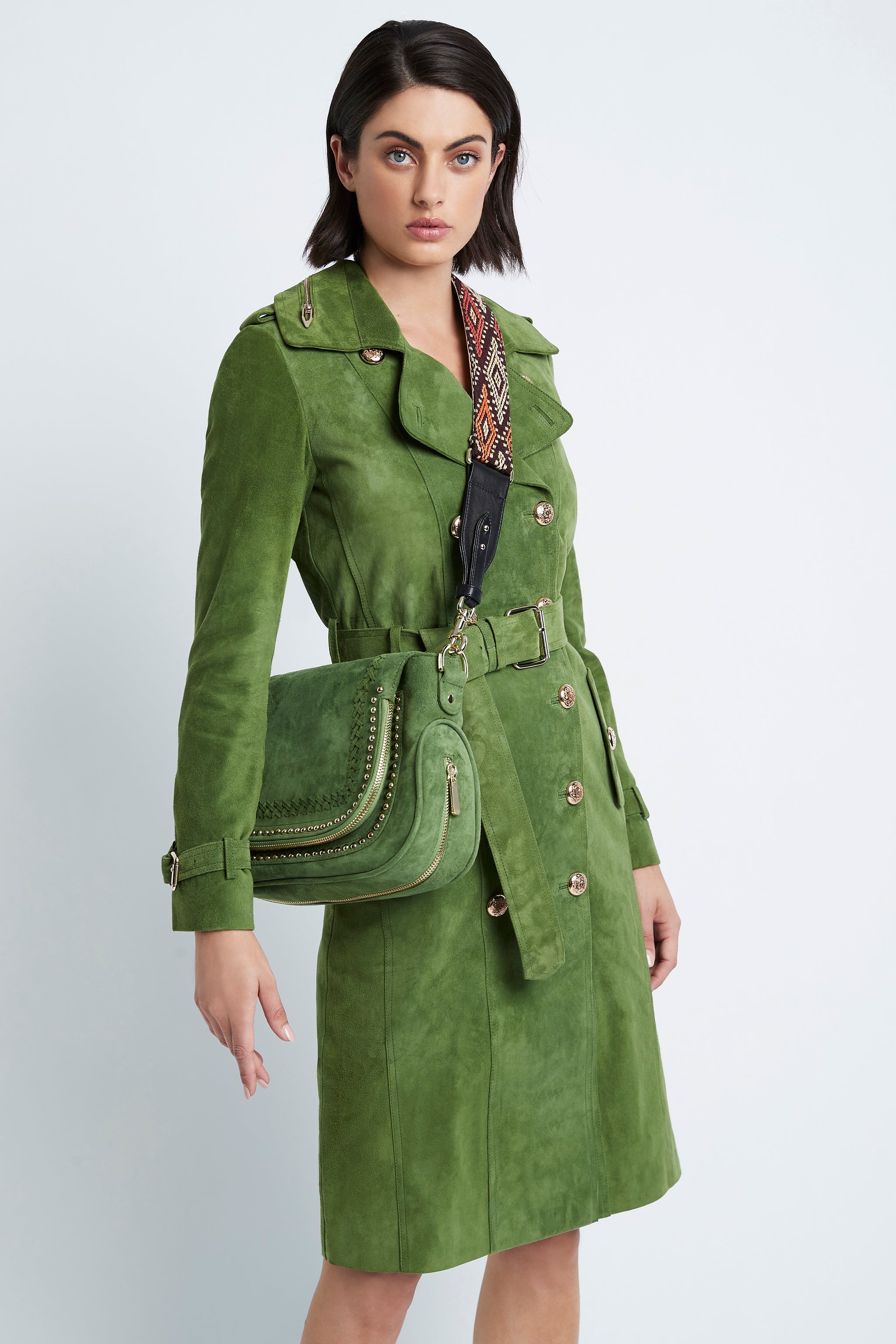 美品　kirov　DOUBLE BELTS CHESTER COAT　緑　1　S Double Breasted Trench in Suede Green – Wendy Murray Design